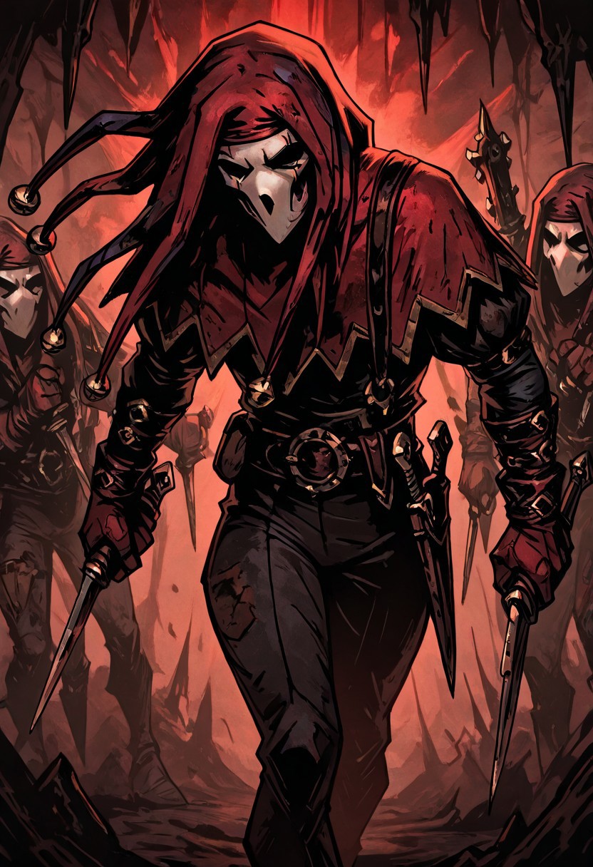 masterpiece, best quality, newest, absurdres, highres, TTCSV1.0,
((solo, solo focus)) 
1boy, DDjester-V1.1, black pants, gloves, mask, red gloves, red headwaer, 
holding weapon, weapon, knife, dagger, siclke, dual wielding,