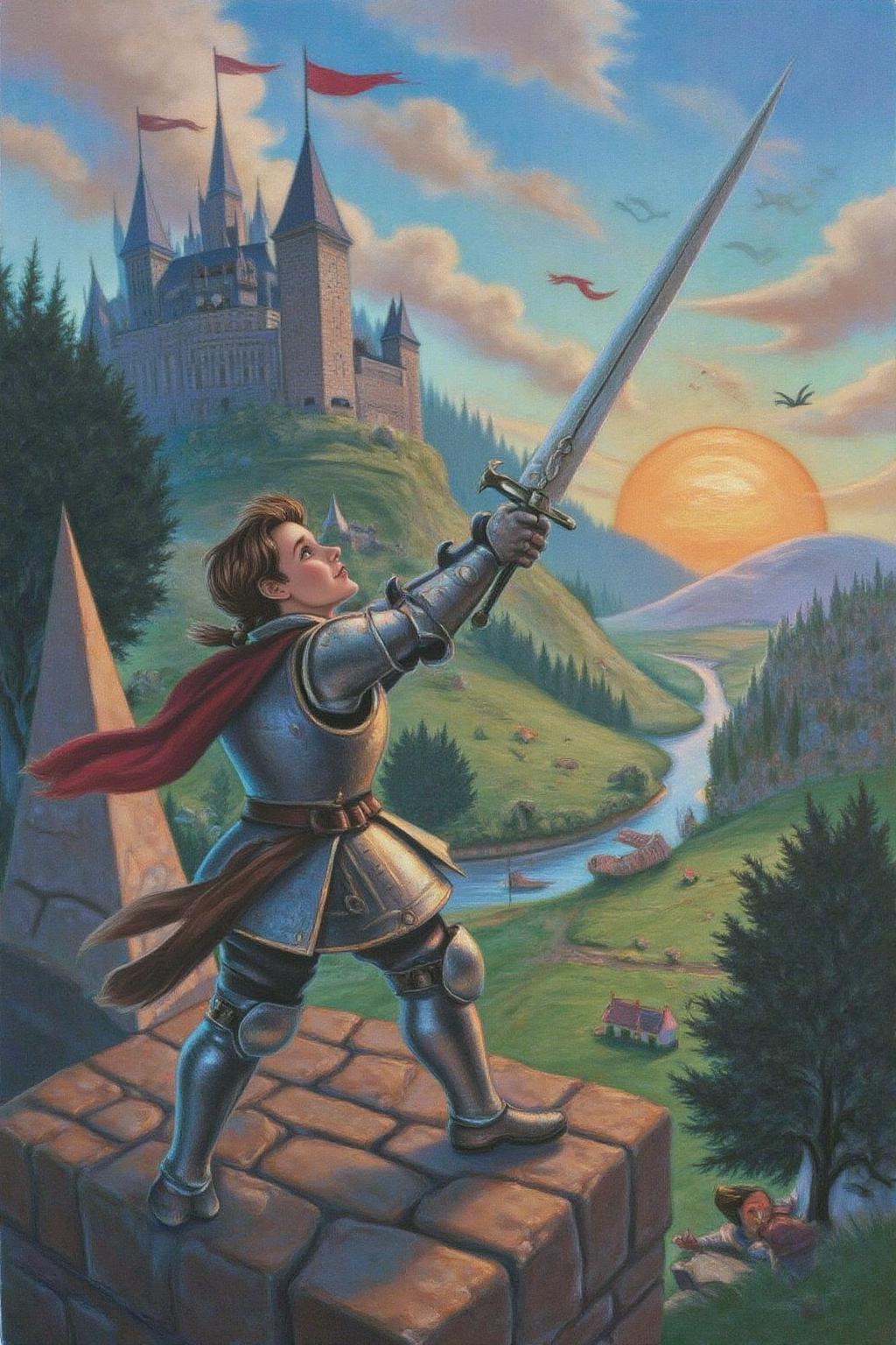 magr1 illustration.
Young woman in medieval metal armor, lifting a sword toward the sky, near a faraway castle at sunset. overlooking a valley, <lora:magr1_cap_d6a3e12:1.0><lora:828071181010685425:0>