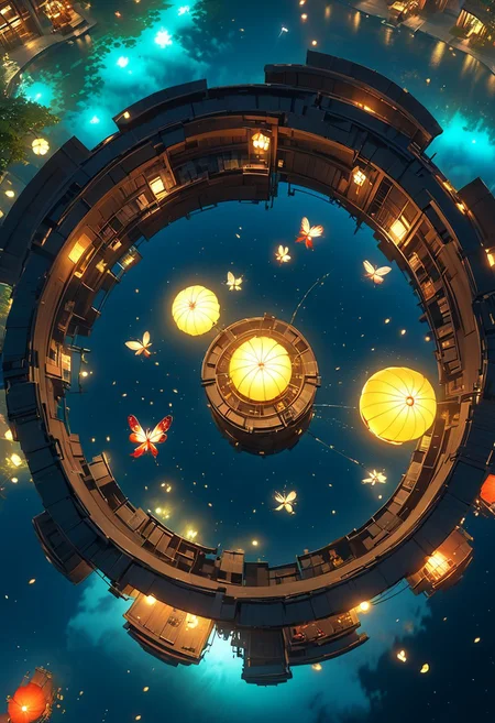 outdoors, The island floating in the air, machine, 
fairy, bulding night, , (low light), top-down view, firefly -ar 9:16