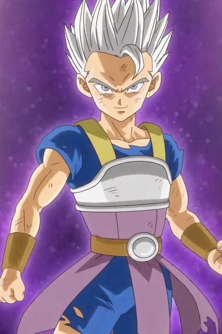 source_anime, score_9, official style, anime screencap,
cabba, ultra instinct, grey eyes, white hair, solo, looking at viewer, smile, 1boy, upper body, male focus, torn clothes, muscular, spiked hair, aura, blue shirt, blue shorts, brown belt, bracer, brown armwear, constricted pupils, nipples, abs, collarbone, dirty face, dirty, dirty clothes, purple tunic, fingernails, fighting stance, v-shaped eyebrows, v-shaped eyes, cowboy shot
<lora:cabba_pony_v1:0.8>