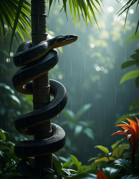 A detailed shot of a massive boa constrictor coiled around a rain-soaked palm tree in a lush tropical rainforest, its scales glistening with water droplets. The snake's head is alert and focused, scanning the misty undergrowth below for potential prey. Heavy rain creates a dramatic atmosphere with water streaming down broad jungle leaves, while shafts of filtered sunlight pierce through the dense canopy. Vibrant green foliage and exotic flowers add splashes of color to the moody scene. Photorealistic style, high detail, atmospheric lighting.