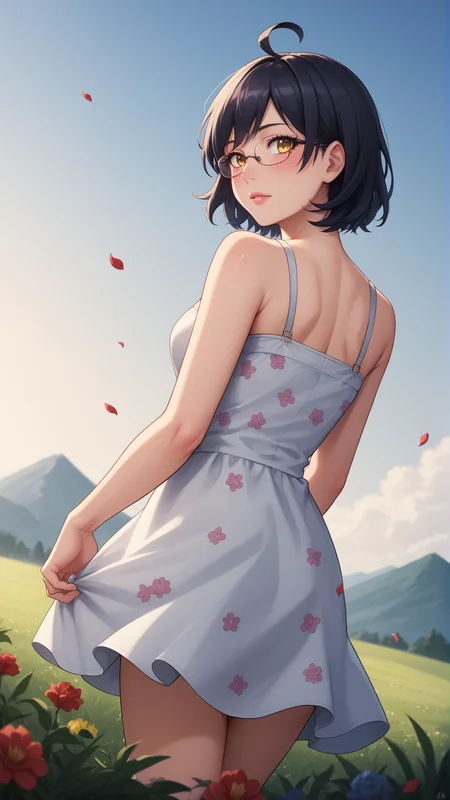 score_9, score_8_up, score_7_up, BREAK source_anime, best quality, masterpiece, ultra detailed,
<lora:Everlasting_Summer_Zhenya_by_GraffMetal:0.8>, zhenya, short hair, yellow eyes, ahoge, glasses, black hair, 1girl, solo, right side bangs,
blush,
black eyeliner cat eye, pink lips,
from behind, flowers print lace sundress, looking back, spring, cherry petals, outdoors, flowers field, blue sky, clous, from below,
amazing background, looking at the camera, looking at the viewer,