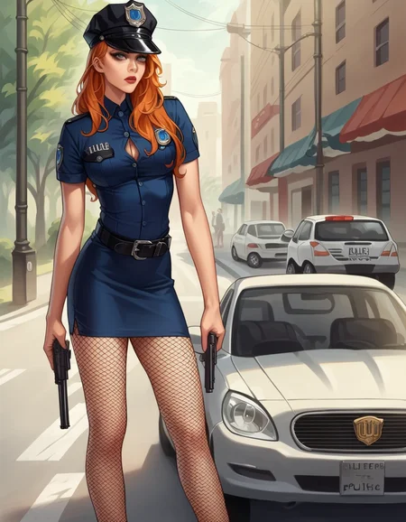 score_9, score_8_up, score_7_up, score_6_up, score_5_up, score_4_up, source_anime, best quality, 1girl, makeup, lipstick, ginger hair, hud_plce_wmn, short blue dress, short sleeves, belt, police hat, fishnets, badge, buttons, gun, <lora:policewoman-000007:0.6>, street, car, outdoors