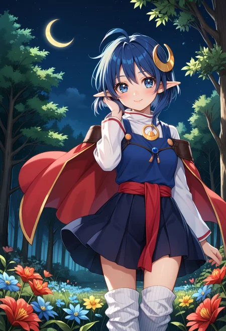 score_9, score_8_up, score_7_up, score_6_up, detailed eyes, beautiful, detailed background, perfect eyes,
source_anime, very aesthetic, anime coloring, anime screencap,
<lora:HandFineTuning_XL:1>
<lora:add-detail-xl:1>
BREAK,
forest, flowers, night, moon,
cowboy shot, light smile, blush, looking away from viewer, hand on hair, cowboy shot,
BREAK,
<lora:rena_pdxl_v02:0.9>
rena lanford, short hair, blue hair, blue eyes, pointy ears, crescent hair ornament, loose socks, white shirt, skirt, white legwear, bending, cape, red cape, ahoge, long sleeves, turtleneck,