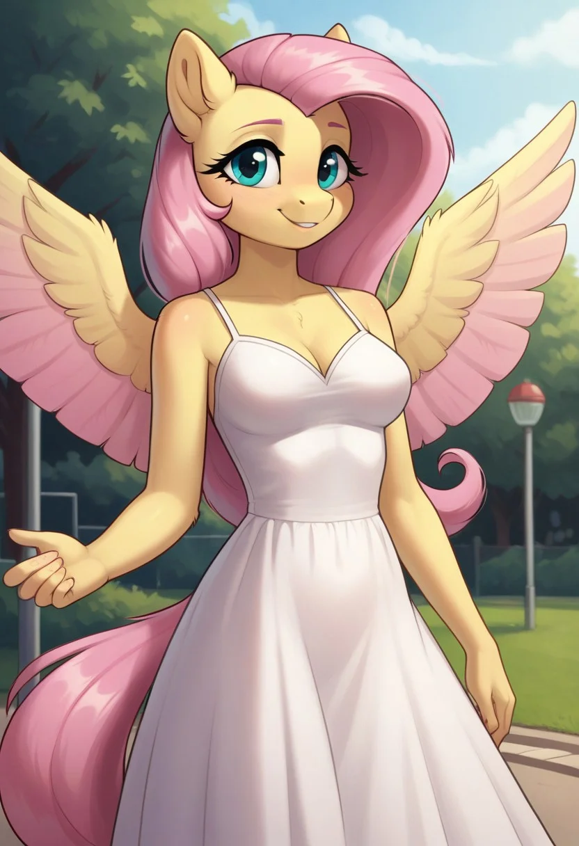 score_9, score_8_up, score_7_up, score_6_up, realistic illustration, dramatic angle, public park, indoors, close view, 1girl, solo, fluttershy, (anthro pony), 18 yo, tail, wings, petite body, shiny skin, medium breasts, white dress, long dress, seduce, seducing, horny face, inviting look, dynamic pose, dramatic angle, standing, looking at you,