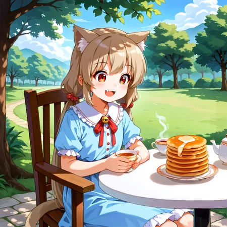 score_9, score_8_up, score_7_up, source_anime, 1girl, solo, korurichan, looking down, happy, open mouth, smile, fang, dress, frills, three quarter view, sitting, on chair, outdoors, table, chair, fine dining, silverware, pancakes, tea party, tea set, stone floor, grass, tree shade, natural lighting <lora:KoruriChanPonyXL-V1:1>