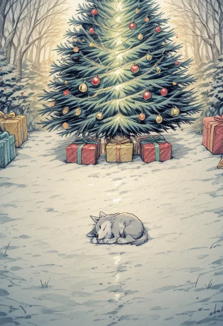 bill_watterson_style, aoki_ume_style, linear_hatching, spot_color, watercolor_pencil_medium, perfect perspective, animal christmas,
wolf close-up, sleeping, outdoors, christmas tree, christmas present, 
masterpiece, absurdres, Kimidake