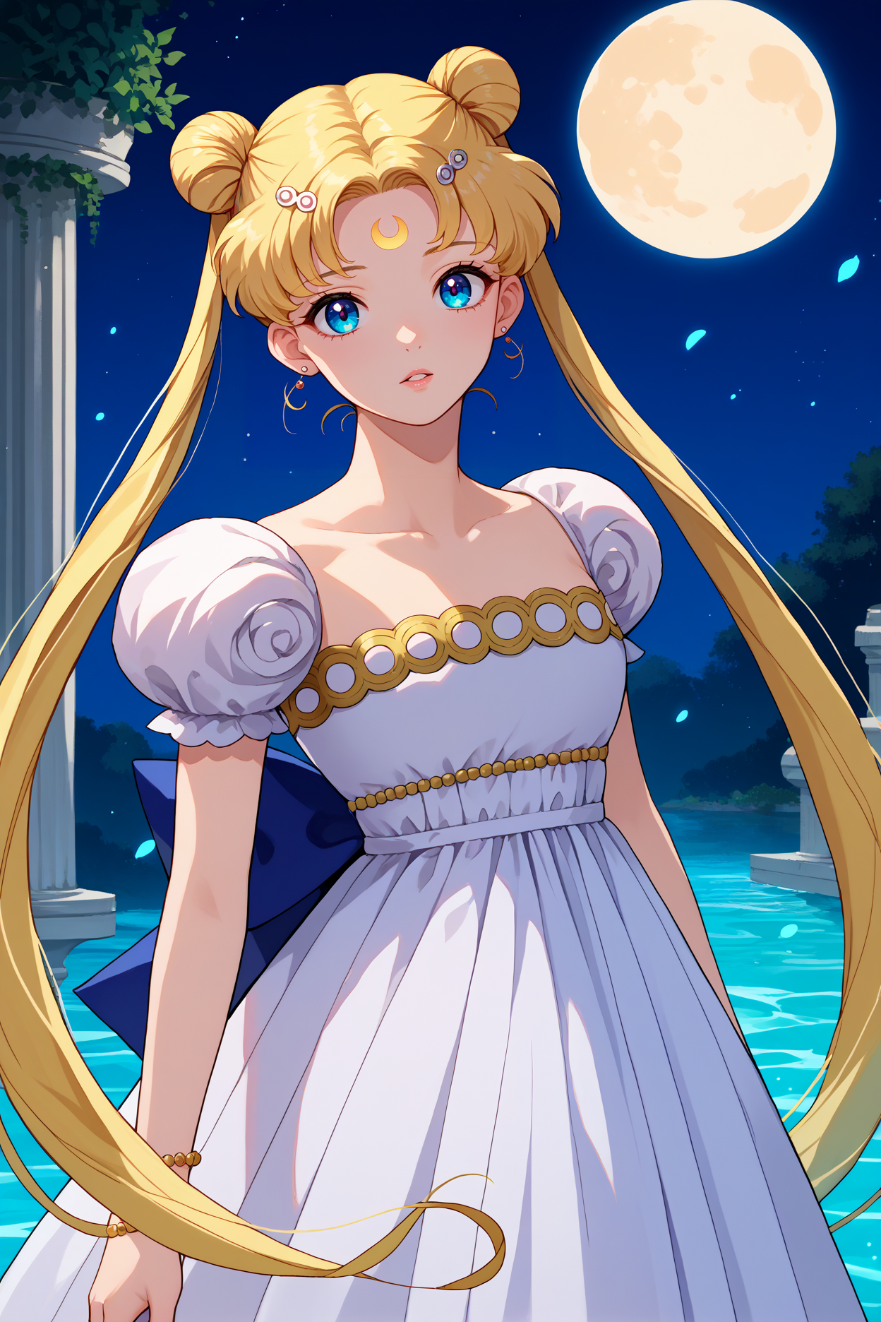score_9, score_8_up, score_7_up, score_6_up, source_anime, 1girl, solo, <lora:sailormoon-pdxl-nvwls-v1_1-000005:1> slrmn, twintails, double bun, blonde hair, very long hair, parted bangs, forehead mark, hairpin, earrings, white gown, puffy sleeves, strapless dress, short sleeves, hairclip, bracelet, blue glow, water, marble pillars, night sky, moon, stairs, looking at you, abstract background, parted lips