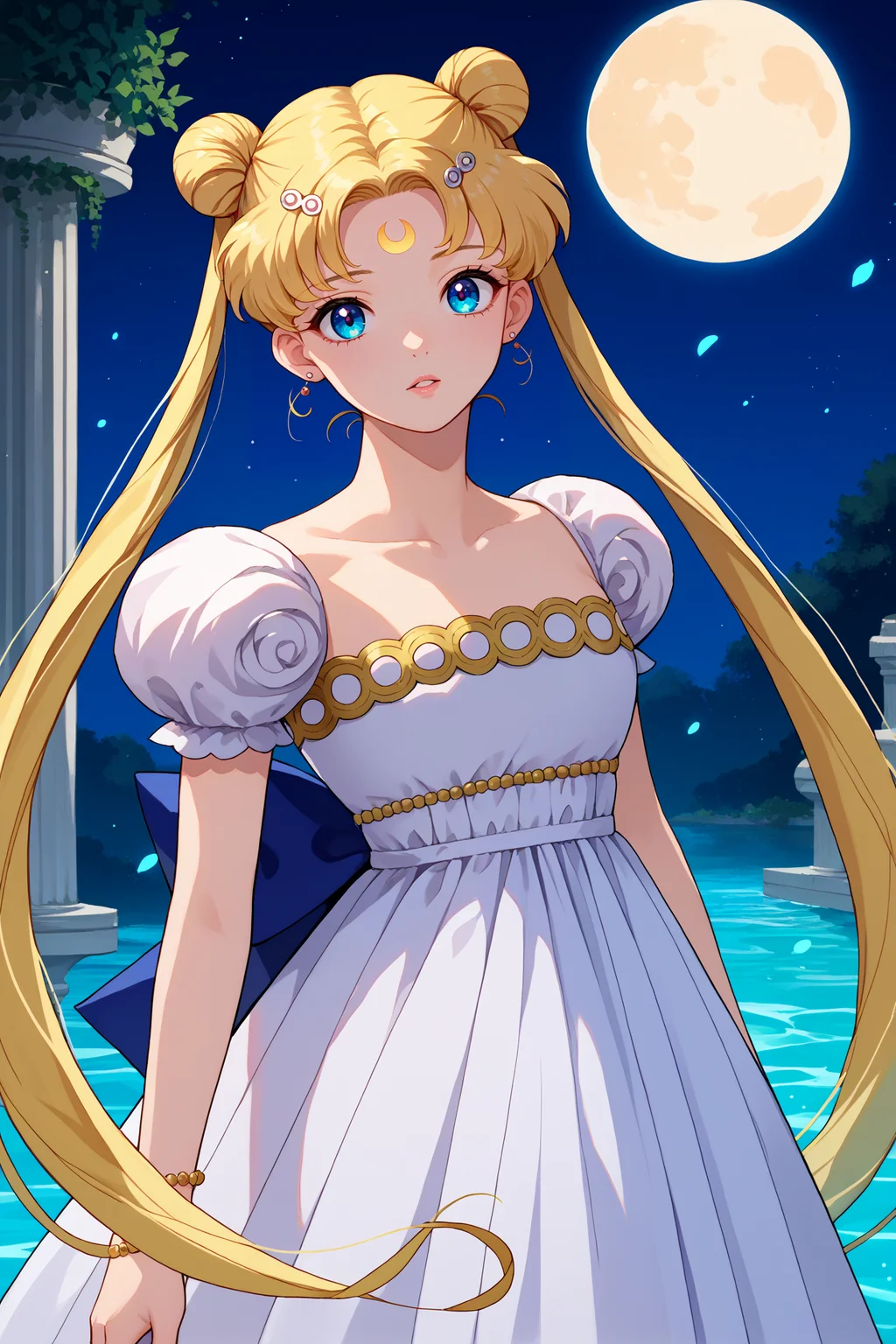 score_9, score_8_up, score_7_up, score_6_up, source_anime, 1girl, solo, <lora:sailormoon-pdxl-nvwls-v1_1-000005:1> slrmn, twintails, double bun, blonde hair, very long hair, parted bangs, forehead mark, hairpin, earrings, white gown, puffy sleeves, strapless dress, short sleeves, hairclip, bracelet, blue glow, water, marble pillars, night sky, moon, stairs, looking at you, abstract background, parted lips