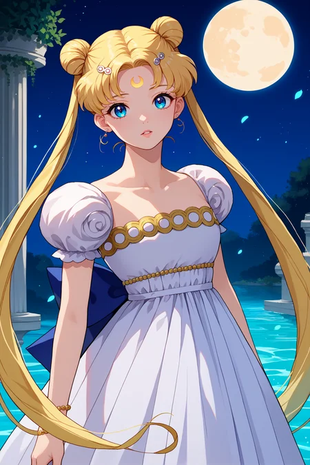 score_9, score_8_up, score_7_up, score_6_up, source_anime, 1girl, solo, <lora:sailormoon-pdxl-nvwls-v1_1-000005:1> slrmn, twintails, double bun, blonde hair, very long hair, parted bangs, forehead mark, hairpin, earrings, white gown, puffy sleeves, strapless dress, short sleeves, hairclip, bracelet, blue glow, water, marble pillars, night sky, moon, stairs, looking at you, abstract background, parted lips