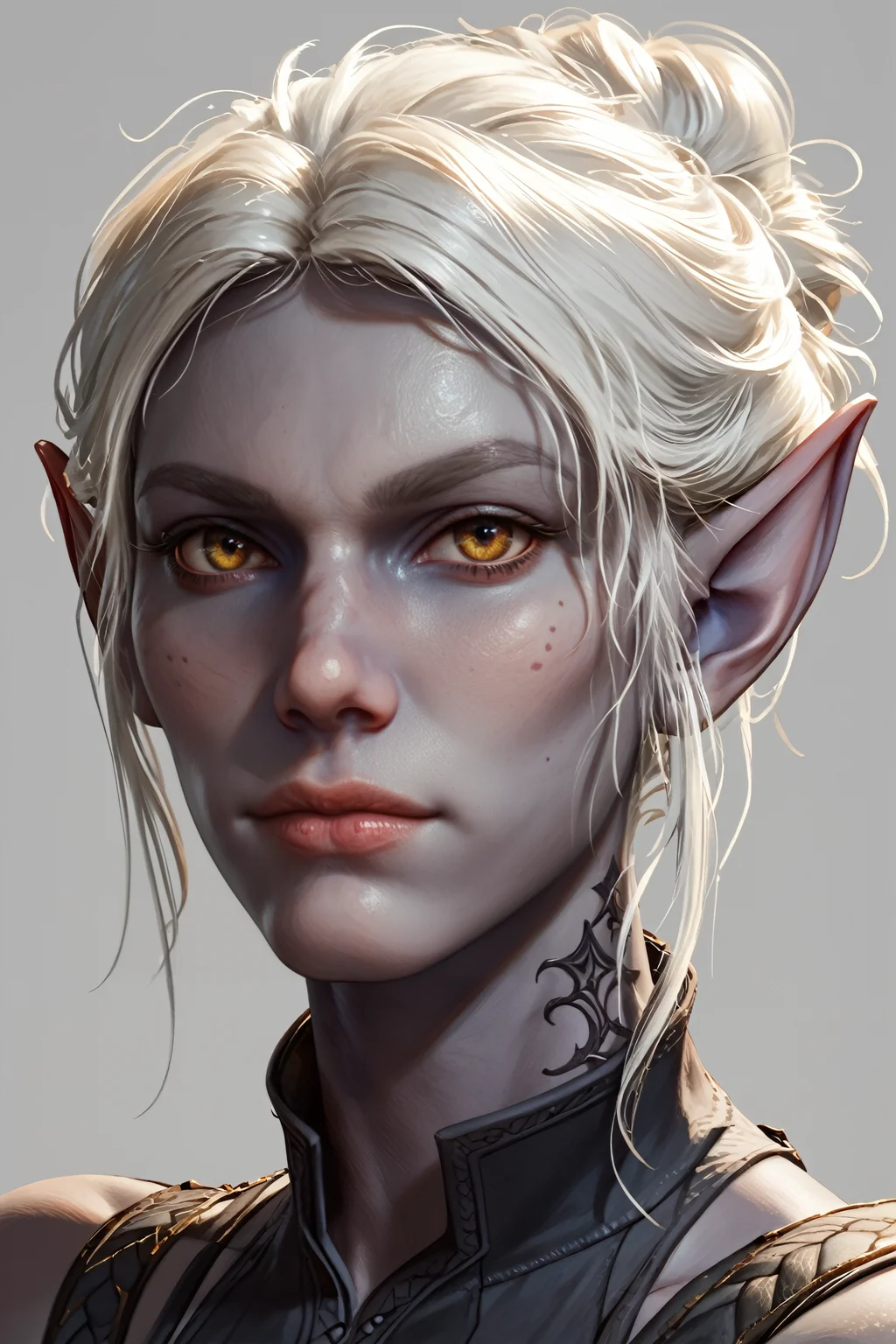 score_9, score_8_up, score_7_up, score_6_up
<lora:BGMinthara:1.0>
BGMinthara, 1girl, white hair, pointy ears, grey skin, looking at viewer, simple background, portrait
