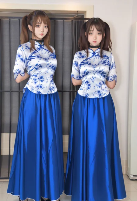 full body,2 girls,side by side, one girl Body facing front,((the other girl Body facing back)), blush,black collar,arms behind back,wrist hung up the collar behind by Black nylon tape,white Chinese style blouse, breasts apart,large breasts, small waist,great hips,blue silk maxi skirt,The fabric of the dress is smooth and flat,Black high heels