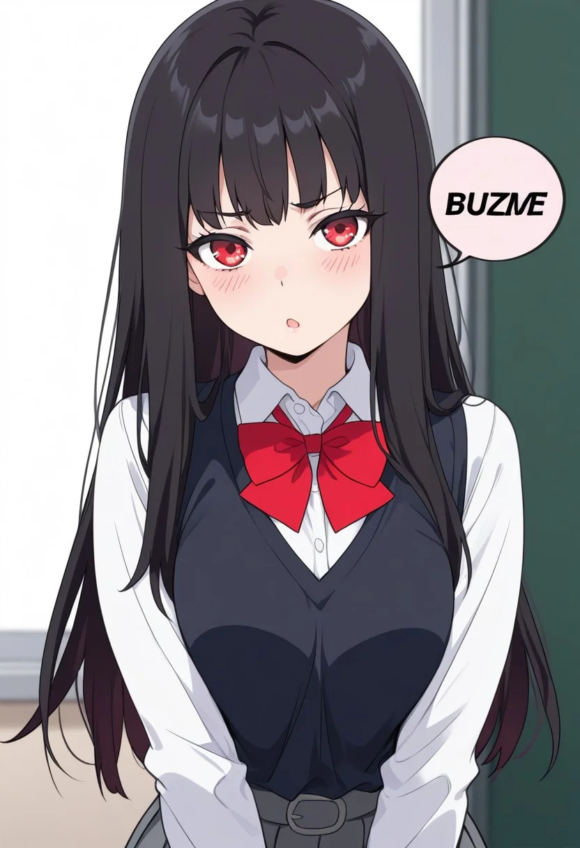 (masterpiece, highest quality, very detailed:1.3), 1girl, long hair, black hair, red eyes, school uniform, speech bubble,english text, talking, "BUZZ ME" in the speech bubble