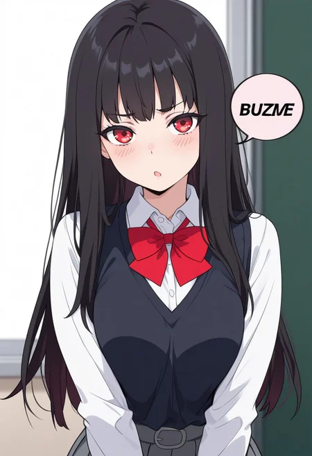 (masterpiece, highest quality, very detailed:1.3), 1girl, long hair, black hair, red eyes, school uniform, speech bubble,english text, talking, "BUZZ ME" in the speech bubble