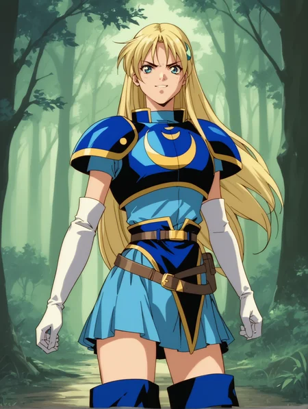 score_9, score_8_up, score_7_up, <lora:words-worth-ponyxl-000009:0.8> sharon, crescent hair ornament, white elbow gloves, blue dress, breastplate, belt, faulds, thigh boots 1girl, solo, sheath, hand on sheath, looking at viewer, smirk, forest