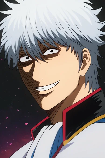 score_9, score_8_up, score_7_up, score_6_up, score_5_up, score_4_up, <lora:gintama_funny_face:1>, gintama_funny_face, 1boy, grey hair, male focus, smile, impact lines, alone, looking at the viewer, masterpiece, highres, highly detailed face, highly detailed shining eyes, symmetrical highly detailed eyes