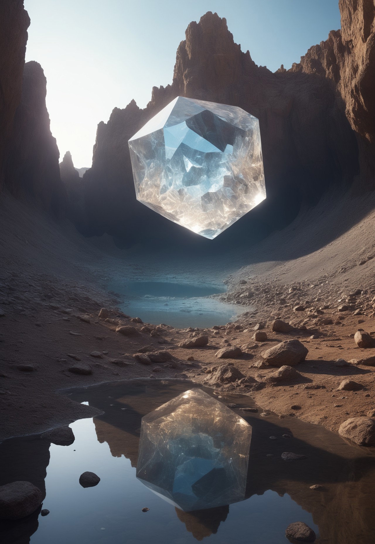 sc3n1ch0r1s0ns, environment, giant gloving crystal formation in the center of the crater, spikey crystals, fantastic fantasy, rocks, flat white desert, wet reflections, roots, , stones, magic light in the darkness,  cliffs at distance
 (8k uhd:1,4)
 <lora:add-detail-xl:1>
 <lora:Dynamic Poses:1>