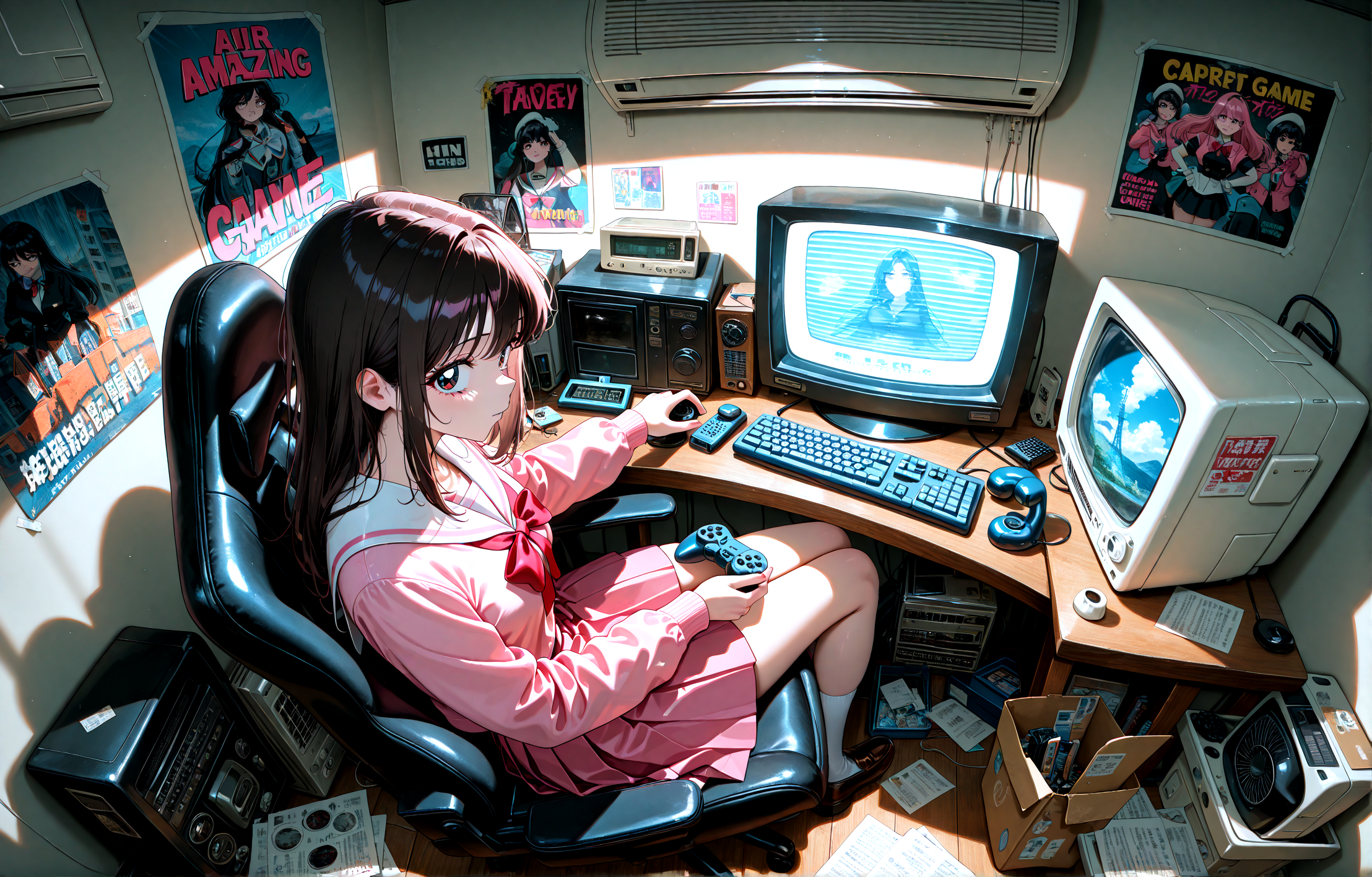masterpiece, best quality, amazing quality, very aesthetic, absurdres,  newest,
indoors keyboard seat game controller,scenery,fisheye, loaded_interior,crt,fan,case,paper,pencil,antique phone, nes,poster,air air conditioner, retro artstyle,
pink school uniform
{{best_quality}},{{amazing_quality,very_aesthetic}},
masterpiece, best quality, amazing quality, very aesthetic, absurdres,  newest, volumetric lighting, <lora:spo_sdxl_10ep_4k-data_lora_webui:1.0> <lora:il_color_temp_slider_d1:1>