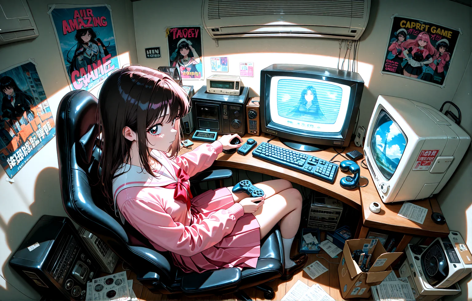masterpiece, best quality, amazing quality, very aesthetic, absurdres, newest,
indoors keyboard seat game controller,scenery,fisheye, loaded_interior,crt,fan,case,paper,pencil,antique phone, nes,poster,air air conditioner, retro artstyle,
pink school uniform
{{best_quality}},{{amazing_quality,very_aesthetic}},
masterpiece, best quality, amazing quality, very aesthetic, absurdres, newest, volumetric lighting, <lora:spo_sdxl_10ep_4k-data_lora_webui:1.0> <lora:il_color_temp_slider_d1:1>