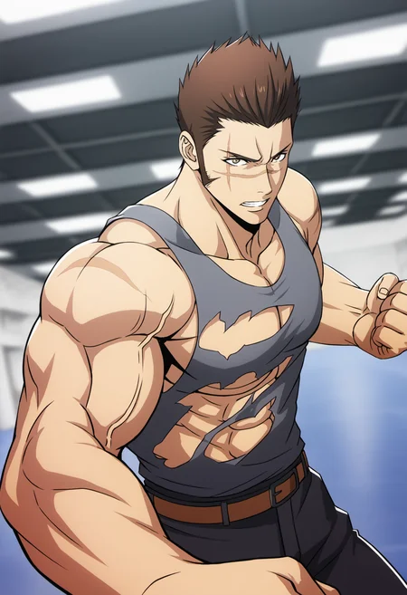 2boys, solo_focus, tanakakenzo_sololeveling, short hair, brown hair, (brown eyes), torn clothes, sharp hair,sideburns , scar on face, gray tanktop, pants, Middle Ages, score_7_up, score_6_up, score_8_up, score_9_up, manly, muscular, (stocky body), (big muscle), big arms, abs, looking at viewer, ((detailed eyes)), face_focus, first-person perspective, pov, 8k uhd, high quality, (veiny arms),  two muscular man fighting in large empty gym, big pectorals, armpit, open arms, fight pose, cinematic angle, 