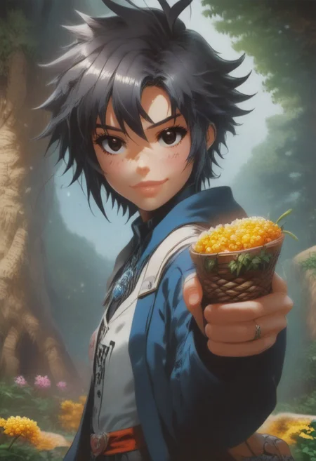 (zPDXL2), score_9, score_8_up, score_7_up, score_6_up, source_anime, <lora:Worldly_XL:1.05> volumetric lighting, warm colors, motion effects, best quality, wallpaper art, looking at viewer, woods, berries, flowers, insects
1girl, solo, 18 year old, (right pistol:1.5), Little Red Riding Hood on a path in the woods, (holding basket with berries in left arm:1.6), delicate and smooth skin, cleavage, shy smile, eyes open, low cut, 
<lora:KikuchiMakoto_pony_v1:0.9> kkcmkt, short hair, black hair, antenna hair, hair between eyes, black eyes, flat chest,  small breasts, <lora:plrd-pistol:1.20>
Expressiveh,  <lora:c0l0urc0r3XLP2:0.40> c0l0urc0r3, cute, bright colours, candy, <lora:RELSM_v1:0.90> <lora:[GP] somethingweirdv1 [Pony XL]:0.20>