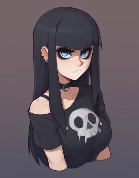 source_cartoon, score_9, score_8_up, score_7_up, score_6_up, score_5_up, score_4_up, BREAK 1girl, frown, grimace, goth, black hair, long hair, blue eyes, <lora:MysticalPlantPenetratorPDXL:1>