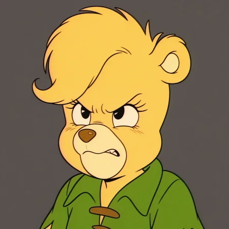 masterpiece, best quality, amazing quality, retro artstyle,  sunni, female, furry female, anthro, young, solo, bear, yellow fur, short hair, black eyes, yellow muzzle, brown nose, eyelashes, paw pads, short, green shirt, angry, 
close up, portrait, grey background
