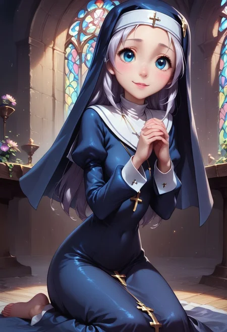 score_9, score_8_up, score_7_up, maria, nun,1girl, long hair, detailed blue eyes, cute, adorable, innocent, full body shot, detailed, pure, soft, sitting