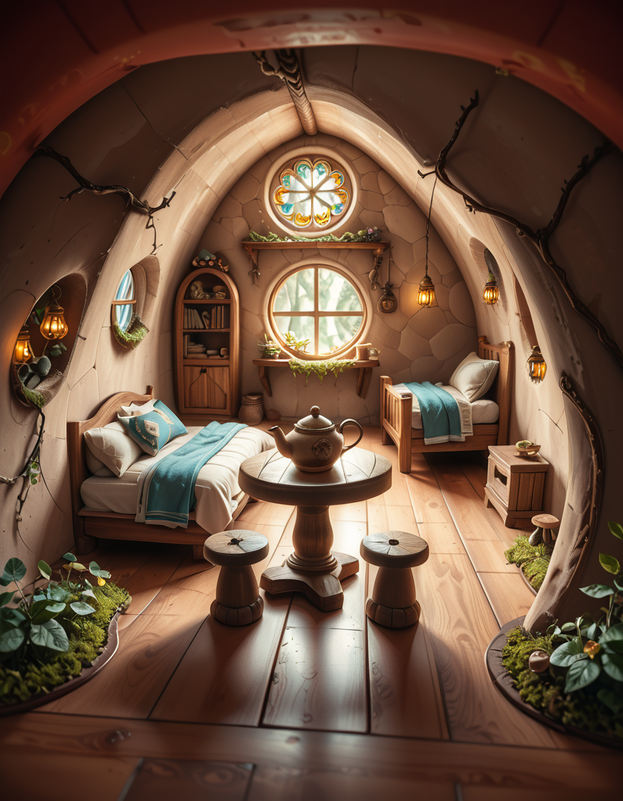score_9, score_8_up, score_7_up,amazing quality, ultra realistic, 3D, HD, best quality, amazing quality, very aesthetic, absurdres
A highly detailed, realistic photograph of a tiny gnome house nestled at the base of an ancient oak tree, taken in soft morning light with a gentle mist hanging in the air. The house is crafted from natural materials: smooth stones form the lower walls, and curved wooden planks create a round, thatched roof with patches of moss and small wildflowers growing on top. Tiny circular windows with stained glass panels glow faintly from within, casting warm amber and green hues. A miniature wooden door with intricate carvings sits slightly ajar, surrounded by tiny lanterns that hang from delicate hooks, each softly glowing. Around the house, the forest floor is covered in dew-kissed clover, mushrooms of varying sizes and colors, and winding little cobblestone paths. In the background, tall ferns and oversized leaves tower, giving the scene an enchanted, hidden feel. Subtle rays of sunlight break through the canopy above, highlighting fine details with a dreamy, ethereal atmosphere. Hyper-realistic style, high-resolution, rich earthy tones, with an overall cozy and magical woodland vibe. No creatures or people, only nature and the charming architecture of the gnome's home.
<lora:SDXLFaeTastic2400:0.4> <lora:extremely_detailed:0.4> extremely detailed,tiny gnome h0us3 <lora:tiny_gnome_h0us3-p:1>