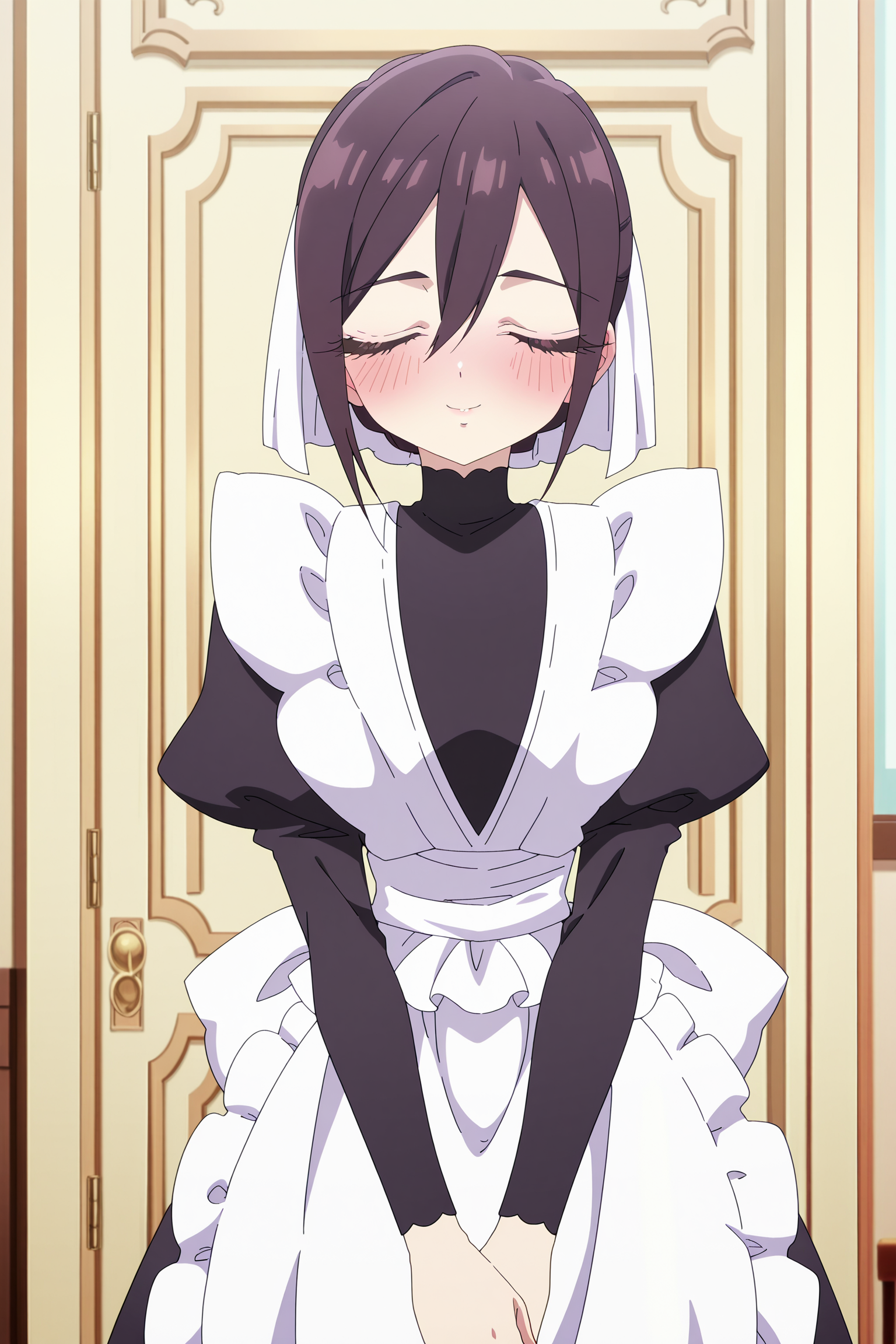 anime coloring, anime screencap, masterpiece, best quality, amazing quality, detailed face,
 <lora:Hakari_and_Hahari_Hanazono_Mei_Meido_and_Nano_Eiai_The_100_Girlfriends_Who_Really_Really_Really_Really_Really_Love_You:1>
Mei Meido (character), 1girl, solo, apron, closed eyes, maid, smile, long sleeves, puffy sleeves, juliet sleeves, maid apron, closed mouth, white apron, blush, hair between eyes, cowboy shot, looking at the viewer, elegant smile
