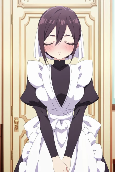 anime coloring, anime screencap, masterpiece, best quality, amazing quality, detailed face,
 <lora:Hakari_and_Hahari_Hanazono_Mei_Meido_and_Nano_Eiai_The_100_Girlfriends_Who_Really_Really_Really_Really_Really_Love_You:1>
Mei Meido (character), 1girl, solo, apron, closed eyes, maid, smile, long sleeves, puffy sleeves, juliet sleeves, maid apron, closed mouth, white apron, blush, hair between eyes, cowboy shot, looking at the viewer, elegant smile