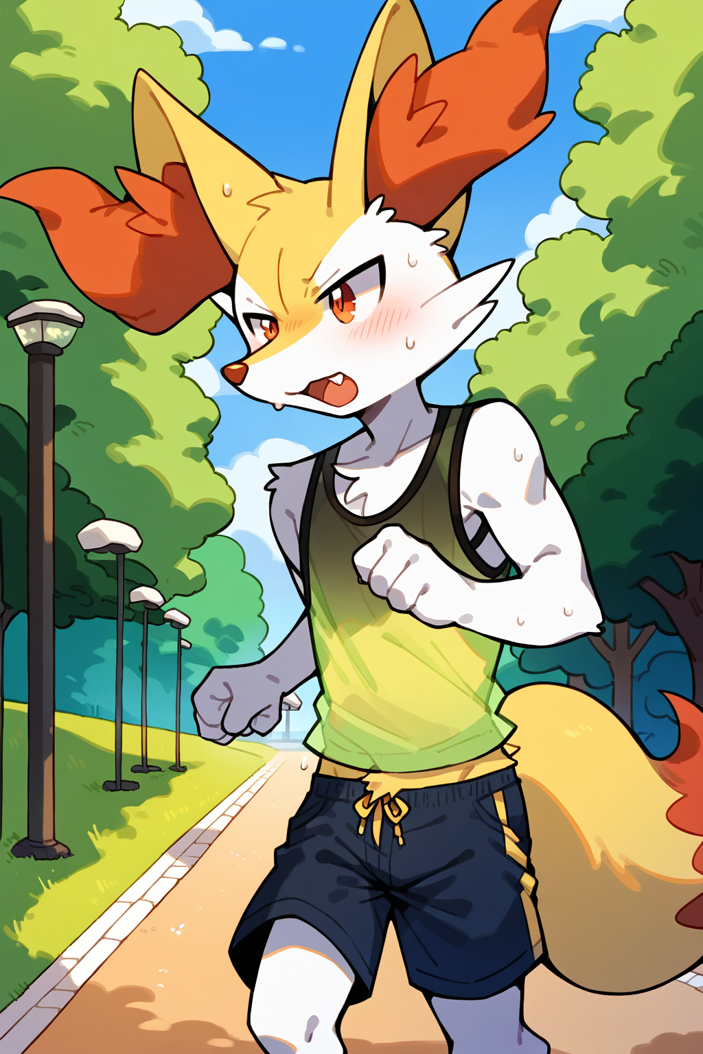 score_9, score_8_up, score_7_up,
((best quality)), absurdres, 
<lora:BraixenPXL:1> braixenpxl, anthro, male, 1boy,
park, jogging, in motion, tank top, short shorts, translucent topwear, sweat, outdoors, half body portrait,
<lora:Smooth Anime Style LoRA XL:0.7> Smooth, Anime, <lora:Expressive_H:1> Expressiveh,
