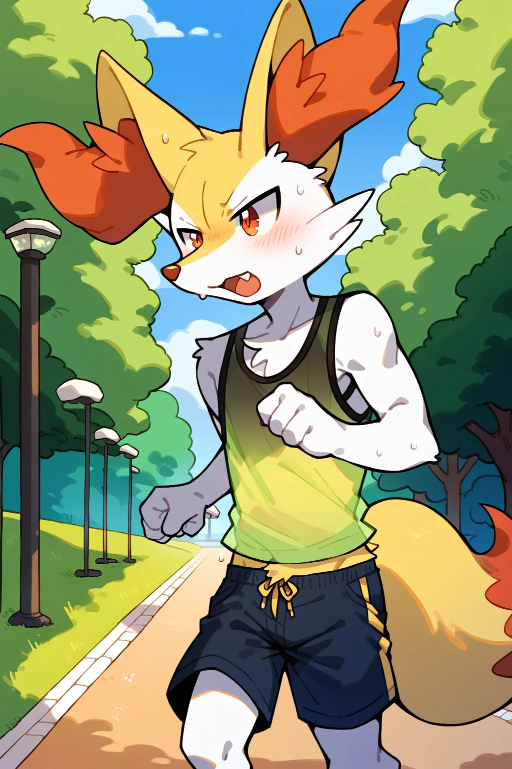 score_9, score_8_up, score_7_up,
((best quality)), absurdres,
<lora:BraixenPXL:1> braixenpxl, anthro, male, 1boy,
park, jogging, in motion, tank top, short shorts, translucent topwear, sweat, outdoors, half body portrait,
<lora:Smooth Anime Style LoRA XL:0.7> Smooth, Anime, <lora:Expressive_H:1> Expressiveh,
