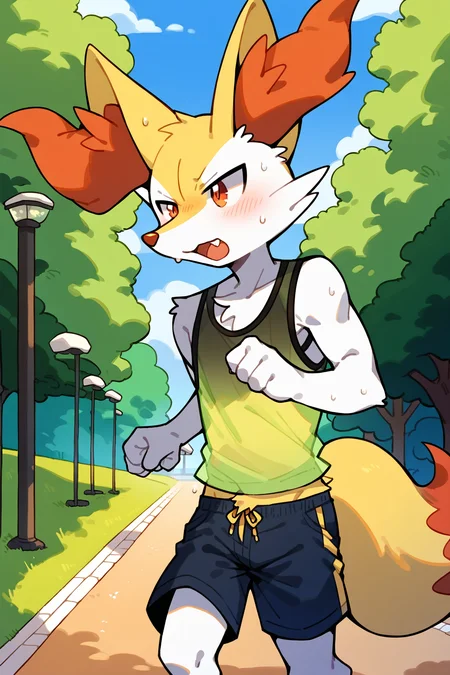 score_9, score_8_up, score_7_up,
((best quality)), absurdres,
<lora:BraixenPXL:1> braixenpxl, anthro, male, 1boy,
park, jogging, in motion, tank top, short shorts, translucent topwear, sweat, outdoors, half body portrait,
<lora:Smooth Anime Style LoRA XL:0.7> Smooth, Anime, <lora:Expressive_H:1> Expressiveh,