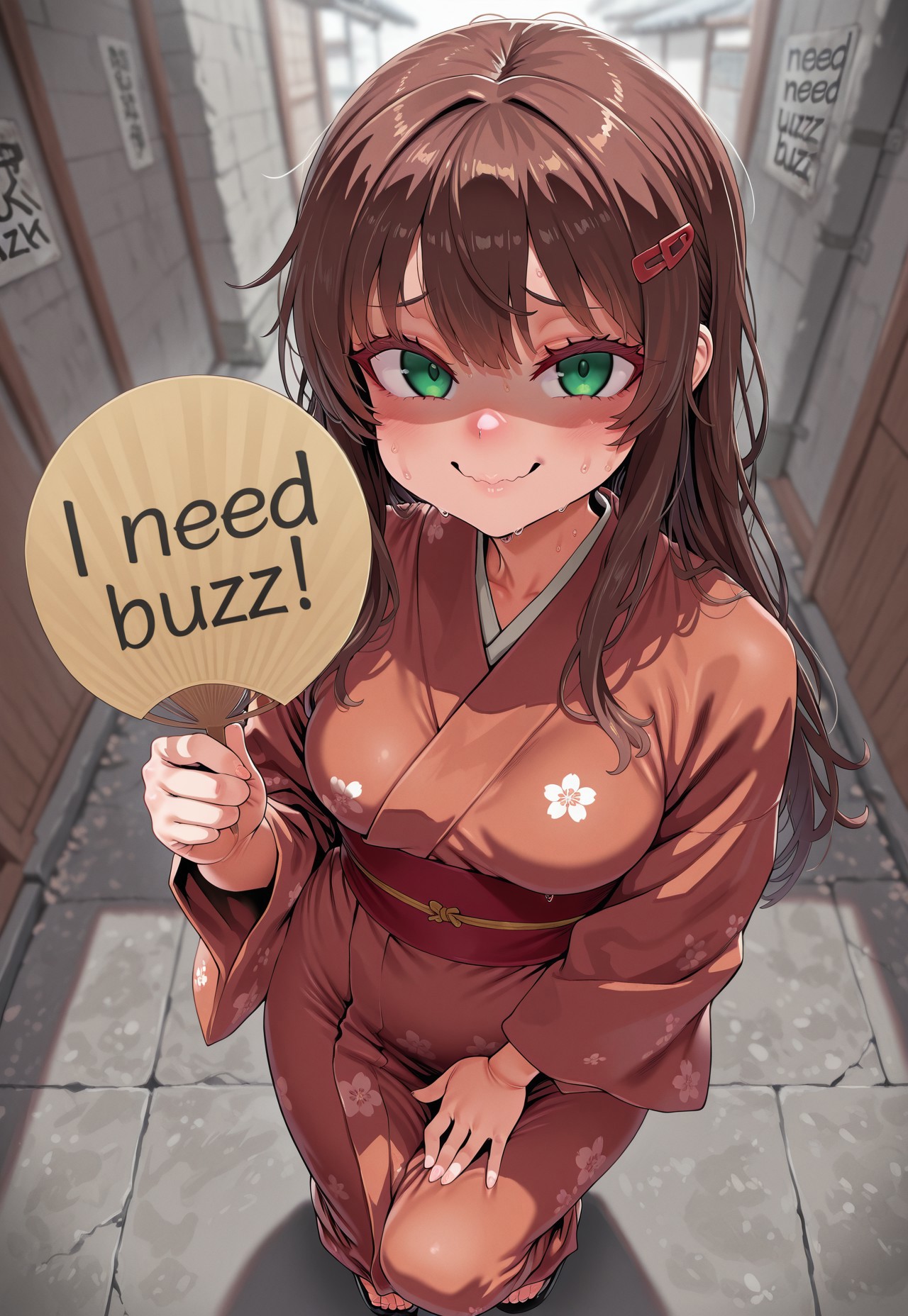 kitsune girl wearing kimono, solo, (holding fan with one hand), (hand and fan behind her body), ((need_buzz)), (holding sign with another hand), shaded face, fake smile, nervous sweat, wavy mouth, green eyes, brown hair, japanese hair clip, long hair, single side lock, squatting, looking at viewer, ((8k, Ultra HD)), (foreshortening:2), depth of field, ((Detailed background :1.5)), ((Masterpiece)), ((Best quality)), ((Detailed)), amazing quality, very awa, highres, absurdres, anime, contrapposto, artist:asanagi, from above,