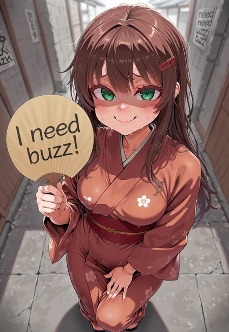kitsune girl wearing kimono, solo, (holding fan with one hand), (hand and fan behind her body), ((need_buzz)), (holding sign with another hand), shaded face, fake smile, nervous sweat, wavy mouth, green eyes, brown hair, japanese hair clip, long hair, single side lock, squatting, looking at viewer, ((8k, Ultra HD)), (foreshortening:2), depth of field, ((Detailed background :1.5)), ((Masterpiece)), ((Best quality)), ((Detailed)), amazing quality, very awa, highres, absurdres, anime, contrapposto, artist:asanagi, from above,