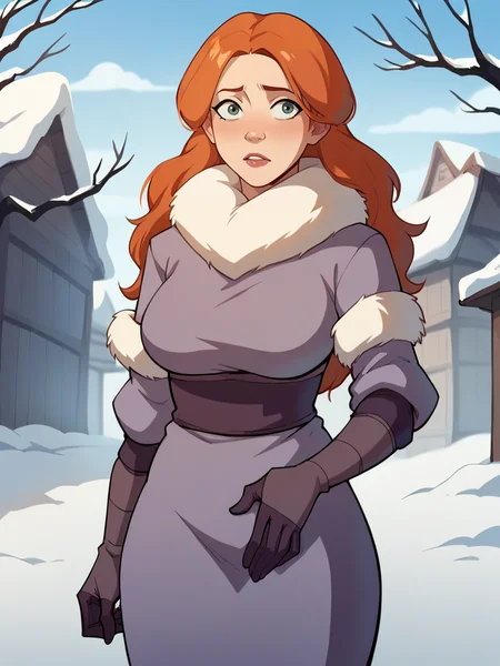 score_9, score_8_up, score_7_up, score_6_up, <lora:4v4t4rXLP:1> 4v4t4r, 1girl, curvy, long hair, ginger hair, large breasts, snow, winter clothes,