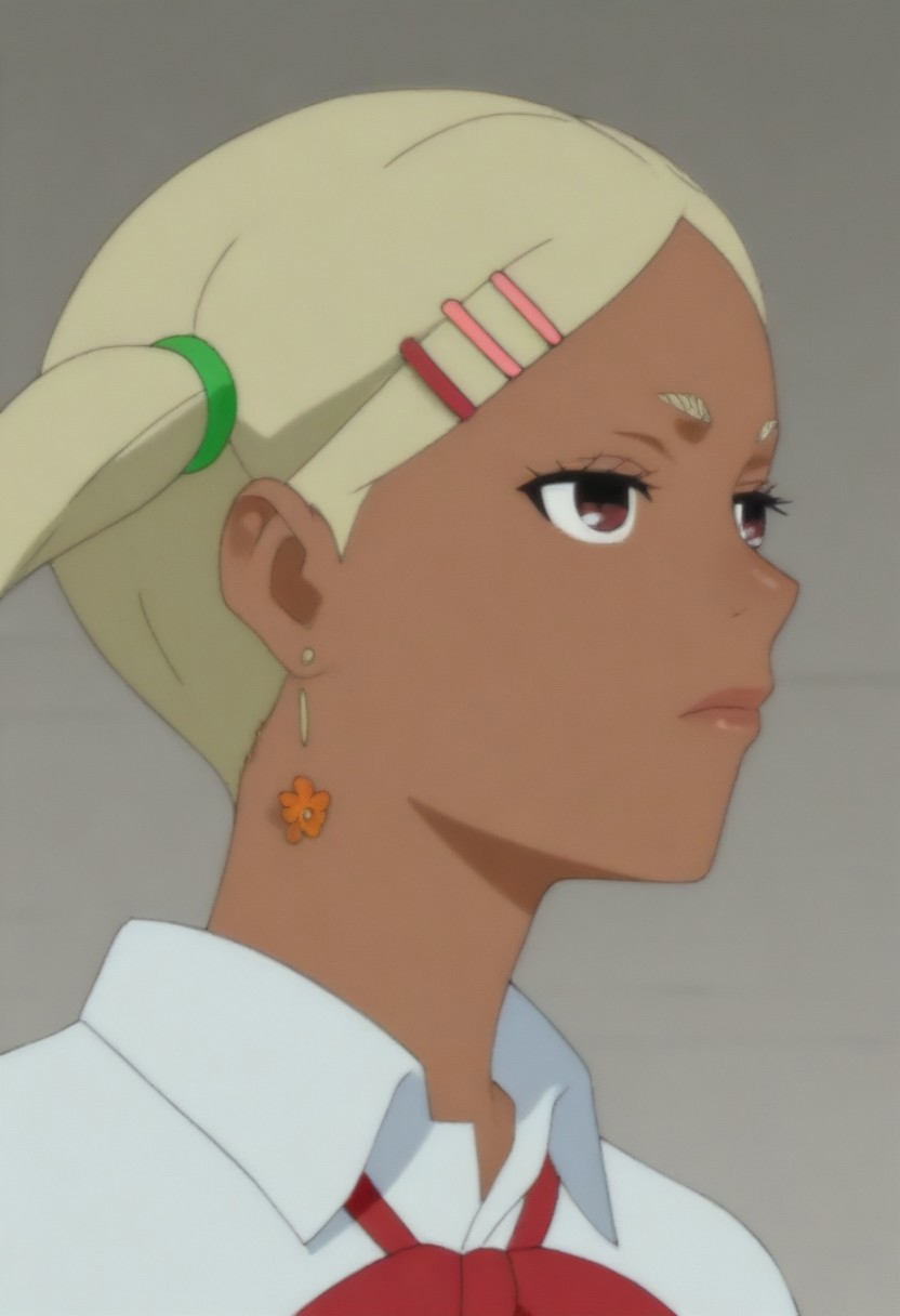 masterpiece, best quality, amazing quality,,, shiny skin,,,, <lora:MukoDanda_LW:0.8>, MukoDanda_LW, dark skin, dark-skinned female, blonde hair, earrings, twintails, hairclip, brown eyes, short twintails,, collared shirt, portrait, red bowtie,