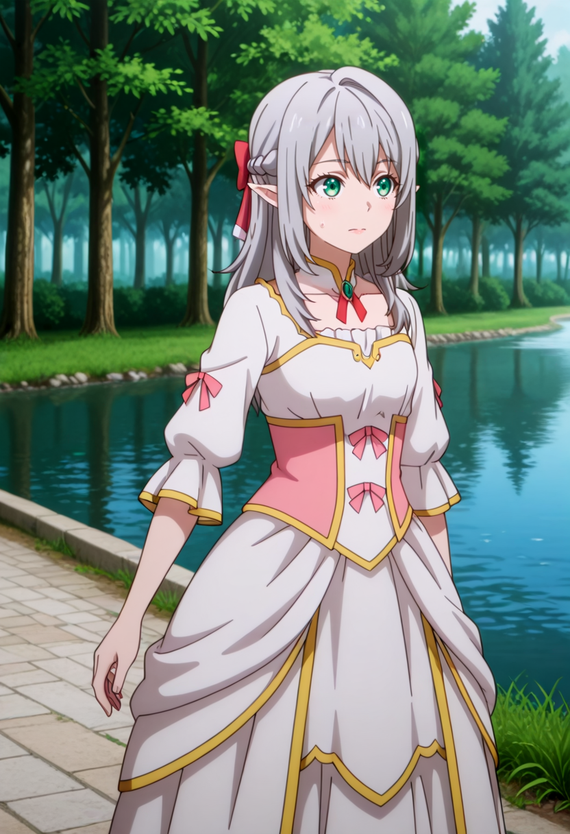 masterpiece,high quality,highres,absurdres,(,,,<lora:Young Tessia_IL:0.8>,,,,Young Tessia,1girl,gray hair,pointed ears,elf,green eyes,,<lora:empress_outfit1:0.8>,,empress_outfit1,masterpiece,best quality,ultra-detailed,(pure white dress:1.3),(gold embroidery:1.2),(pink ribbon accents:1.1),corset-style bodice,lace-up detail,puffed sleeves with gold trim,multi-layered skirt with ruffled hem,soft glowing fabric,volumetric lighting,intricate textures,(high-resolution:1.2),dynamic shading ),forest,river,exposed nick,exposed collarbone,