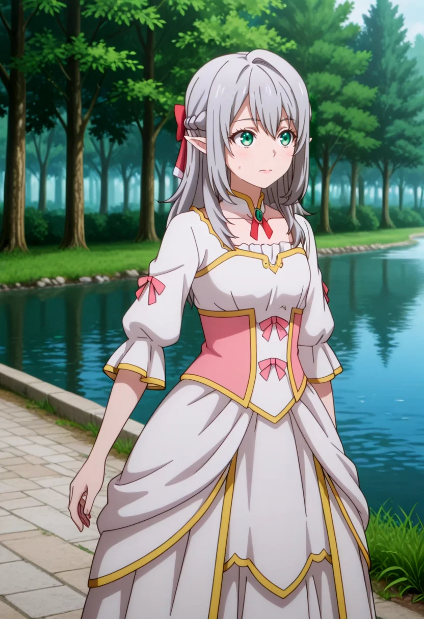 masterpiece,high quality,highres,absurdres,(,,,<lora:Young Tessia_IL:0.8>,,,,Young Tessia,1girl,gray hair,pointed ears,elf,green eyes,,<lora:empress_outfit1:0.8>,,empress_outfit1,masterpiece,best quality,ultra-detailed,(pure white dress:1.3),(gold embroidery:1.2),(pink ribbon accents:1.1),corset-style bodice,lace-up detail,puffed sleeves with gold trim,multi-layered skirt with ruffled hem,soft glowing fabric,volumetric lighting,intricate textures,(high-resolution:1.2),dynamic shading ),forest,river,exposed nick,exposed collarbone,