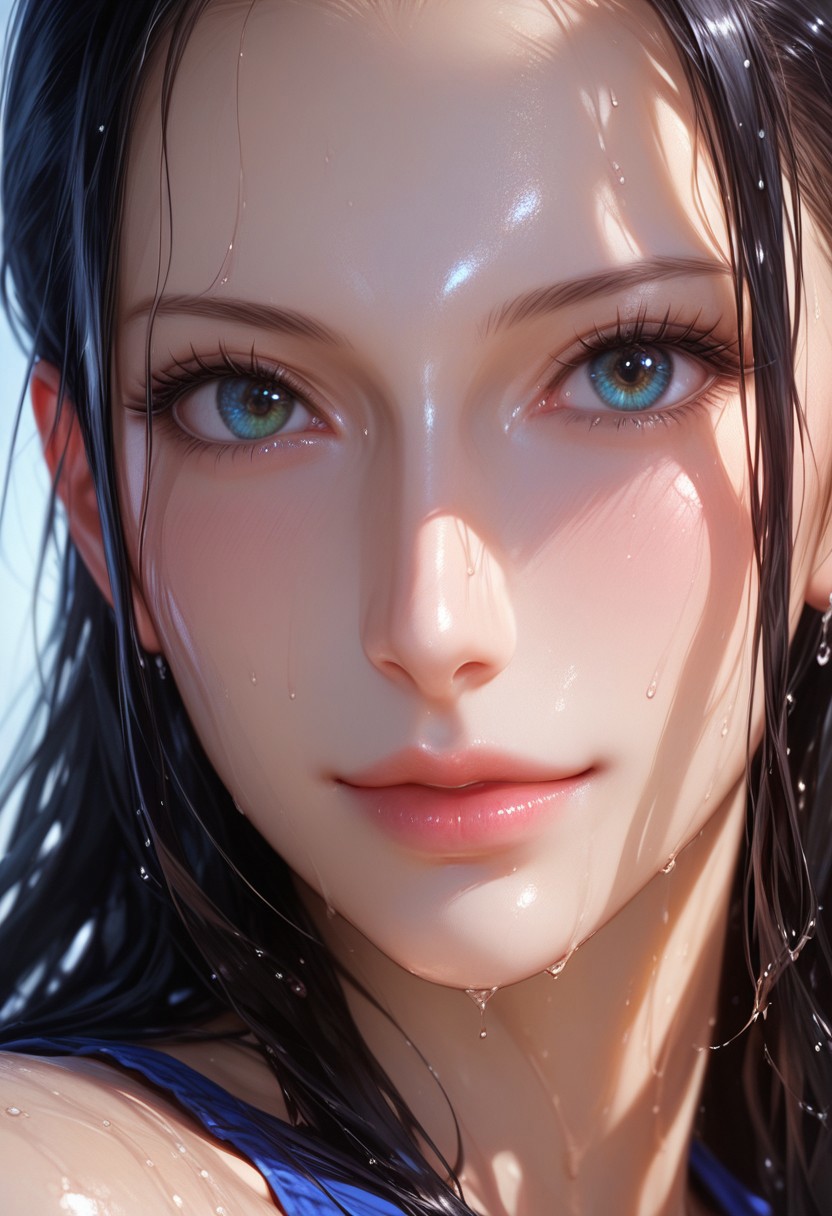 Nico robin, Close-up details, realistic style photo Japanese young woman, dark hair, long hair, outstanding style, tall, cute, adult. Use soft lighting to cast gentle shadows on the subject, adding a touch of dimension to your images without compromising details, score_9, score_8_up, score_7_up, sweaty, wet, shiny skin