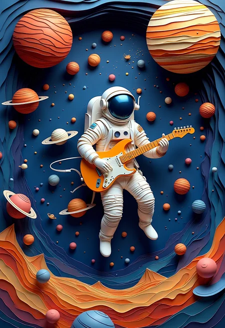 A paper quilling, layered paper scene of an astronaut playing an electric guitar while floating in space, surrounded by stars and planets, capturing the cosmic energy and musical vibe in zero gravity.