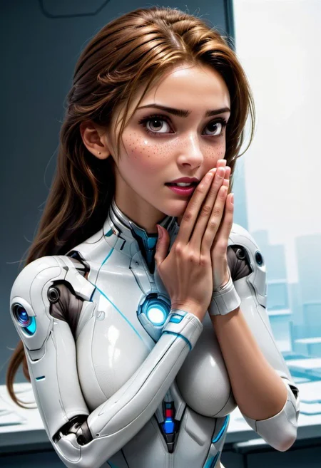 (Wide angle, Long shot:1.9), Kodak Motion Picture Film Style, long shot, Ultra realistic, (deepika:1.3),  pleased, delighted, lustful, action scene, professional picture, intense gaze, sensuality, cute tamil girl , eyes closed, covering her entire mouth with her hand, hand over mouth, stifling a lustful whispering with her hand, hand stiffling expression of happy surprised, (the palm of the hand stifling a cry with his hand covering her mouth:1.3), hand flat over the mouth, detailed skin, sweaty, Indian , (stunningly cute Belle, having intense surprise, futuristic powered cowgirl outfits, slender body, skinny, 21 years old:1.3) , OverallDetail