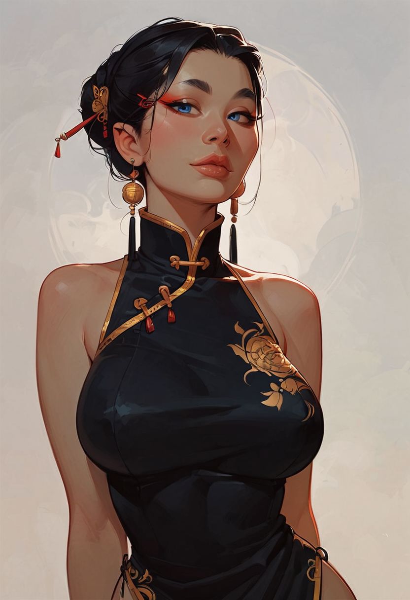 score_9, score_8_up, score_7_up, score_6_up, score_5_up, score_4_up, sexy asian girl , oni mask ,  large breasts, Chinese dress , blue eyes, silver neclace , side portrait , ancient , hair pins , half body portraits , narrow hips