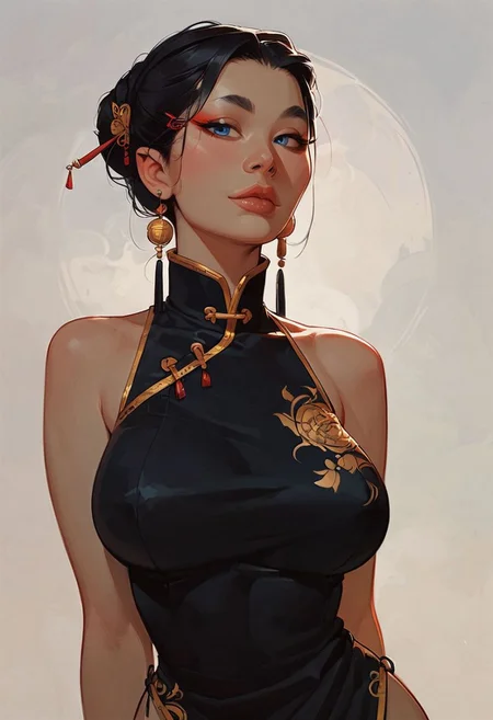 score_9, score_8_up, score_7_up, score_6_up, score_5_up, score_4_up, sexy asian girl , oni mask , large breasts, Chinese dress , blue eyes, silver neclace , side portrait , ancient , hair pins , half body portraits , narrow hips