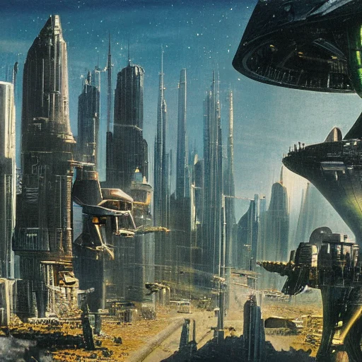 ralph-mcquarrie style, greek architecture done in a sci-fi style on a beautiful forest and meadow scene with tall buildings and open green spaces, oil painting, beautiful, highly detailed