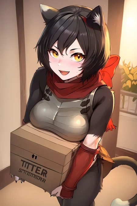 oppairest, holding box, breasts on box,walking <lora:_sdxl-oppairest-pony:1.2>, <lora:Izutsumi_Dungeon_Meshi:1> IzutsumiER, 1girl, cat ears, black hair, short hair, cat girl, yellow eyes, fur,red scarf, armor, Score_9, Score_8_up, Score_7_up, Score_6_up, Score_5_up, Score_4_up, BREAK,1girl in full growth, best quality, masterpiece, ultra-detailed, high quality,good quality,1 girl,(master piece,high resolution, ultra detailed,8K,16K),look at viewer
