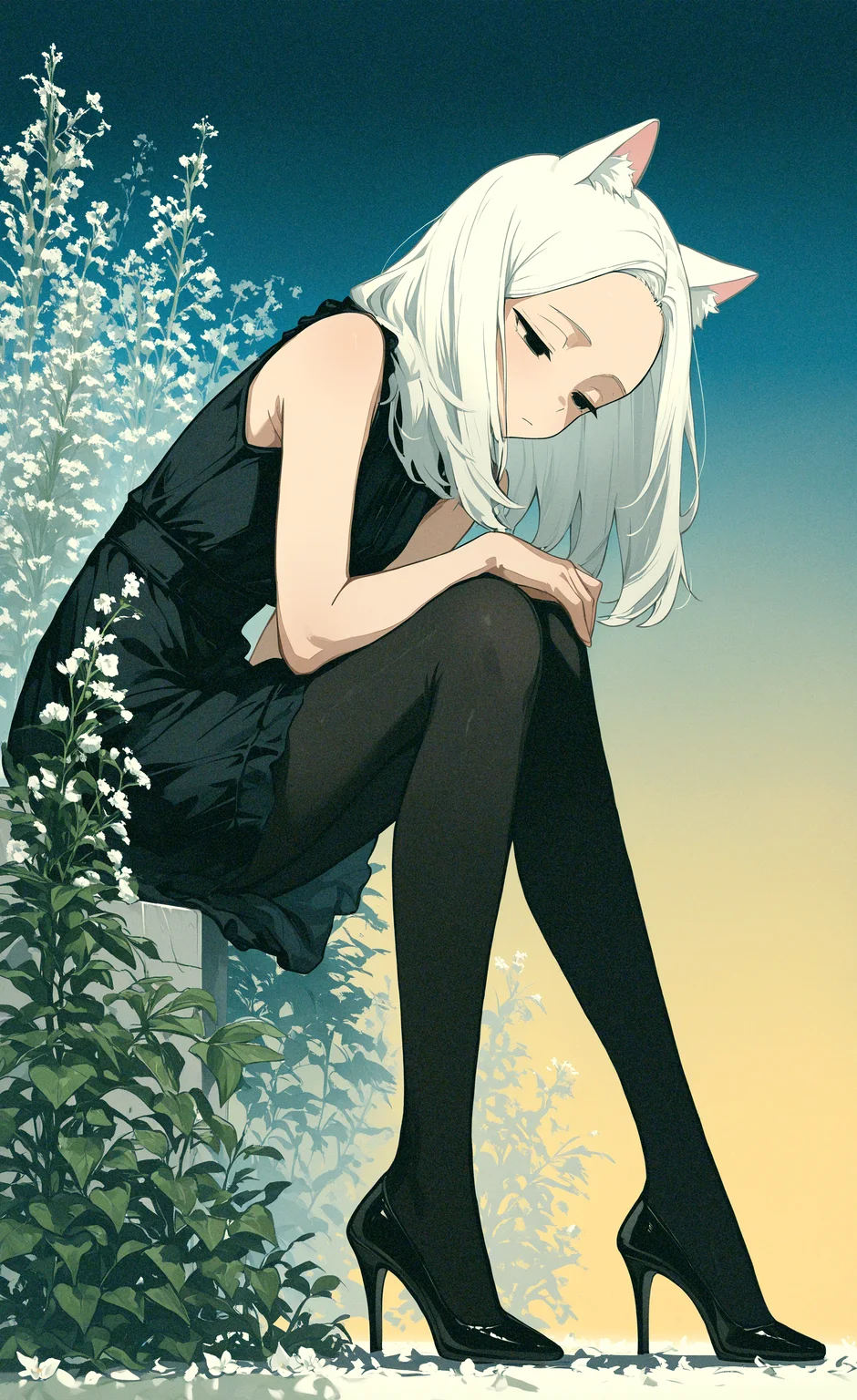 masterpiece, best quality, good quality, very awa, very aesthetic, absurdres, newest, 1girl, solo, long hair, white hair, black eyes, white cat ears, closed mouth, medium hair, forehead,
black dress, pantyhose, sleeveless, black footwear, high heels, black pantyhose, sleeveless dress, short dress, sitting, leaning forward, looking down, half-closed eyes,
small white flowers, plant, leaf, From Side,full body, blue background, gradient background, yellow background, 7A3IFRHPR_illu,re4lity_sync_illu, <lora:NOOB_vp1_detailer_by_volnovik_v1:0.35> <lora:noobai_ep11_stabilizer_v0.138_fp16:0.5> <lora:ponyv6_noobV1_2_adamW-000017:0.7> <lora:EtherSDXL:0.15> <lora:hwm4to7A3IFRHPR:0.3> <lora:re4lity:0.8>