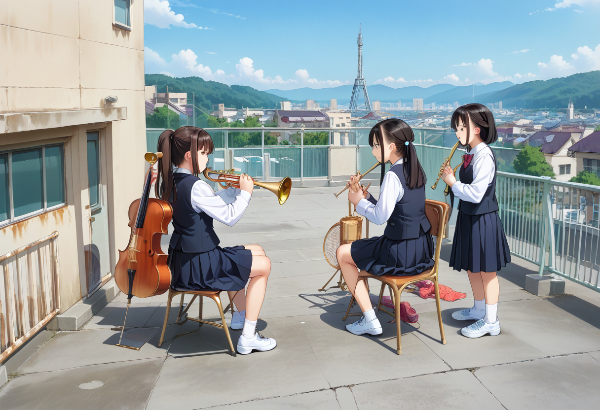 score_9, score_8_up, score_7_up, rating_safe, masterpiece, best quality, absurdres, unity 8k wallpaper, official art, official style, source_anime, uncensored, game cg, megami magazine,
okujyou, multiple girls, black hair, skirt, instrument, 4girls, ponytail, school uniform, outdoors, sitting, black skirt, shoes, vest, day, scenery, shadow, sneakers, chair, long hair, shirt, sky, white shirt, playing instrument, trumpet, horn, trombone, music, long sleeves, standing, white footwear, short hair, long skirt, brown hair, cityscape, pleated skirt, socks, building, fence, holding, black vest, rooftop, computer, from behind
 <lora:gakkou_okujyo_PONY_V1:1>