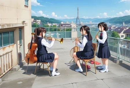 score_9, score_8_up, score_7_up, rating_safe, masterpiece, best quality, absurdres, unity 8k wallpaper, official art, official style, source_anime, uncensored, game cg, megami magazine,
okujyou, multiple girls, black hair, skirt, instrument, 4girls, ponytail, school uniform, outdoors, sitting, black skirt, shoes, vest, day, scenery, shadow, sneakers, chair, long hair, shirt, sky, white shirt, playing instrument, trumpet, horn, trombone, music, long sleeves, standing, white footwear, short hair, long skirt, brown hair, cityscape, pleated skirt, socks, building, fence, holding, black vest, rooftop, computer, from behind
<lora:gakkou_okujyo_PONY_V1:1>